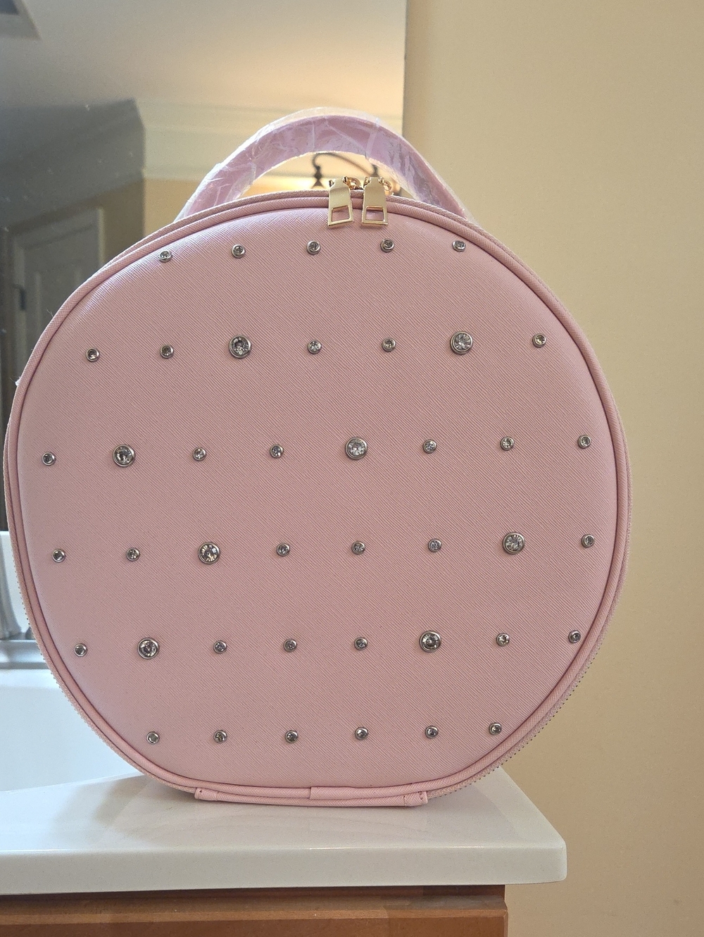 Round Pink Studded Cosmetic Case With Mirror And Luggage Strap
